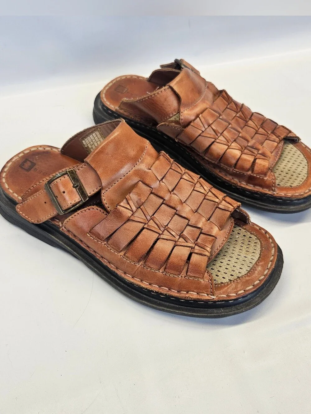 Vintage Y2k Brown Leather Chunky Sandals Basket Weave Mens 9 Slip On Slide